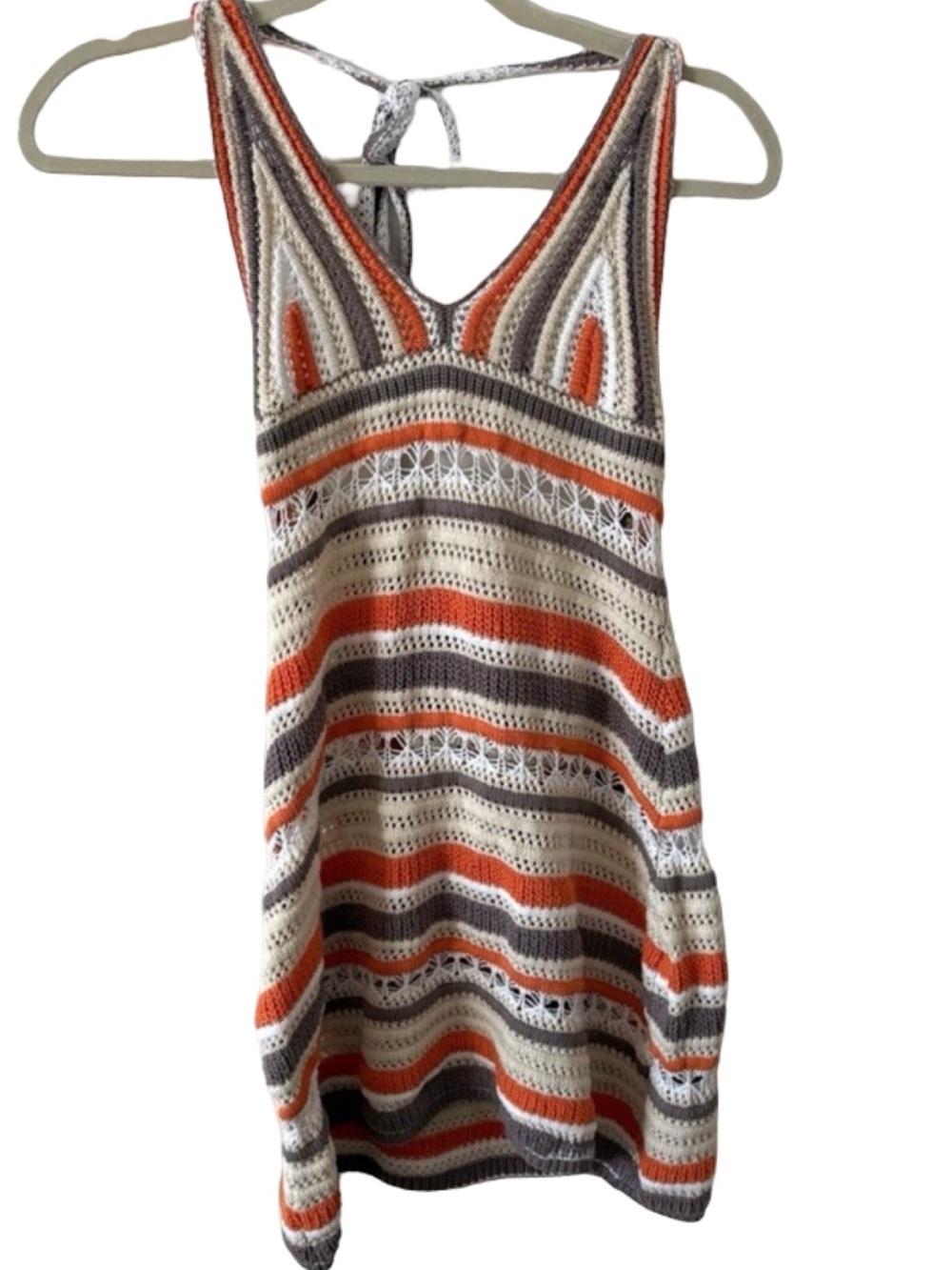 Boho Chic Crochet Halter Mini Dress | Boho Knit Orange & Tan Print | Size Small - Picture 2 of 4